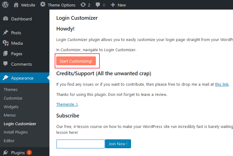 Use Custom Login Page Customizer